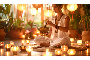 Woman meditating with singing bowl, an Architecture Photo by Igor Tichonow