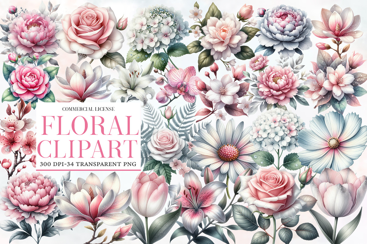 Pink White and Silver Floral Clipart, an Illustration by Designworld (Photo 1 of 5)