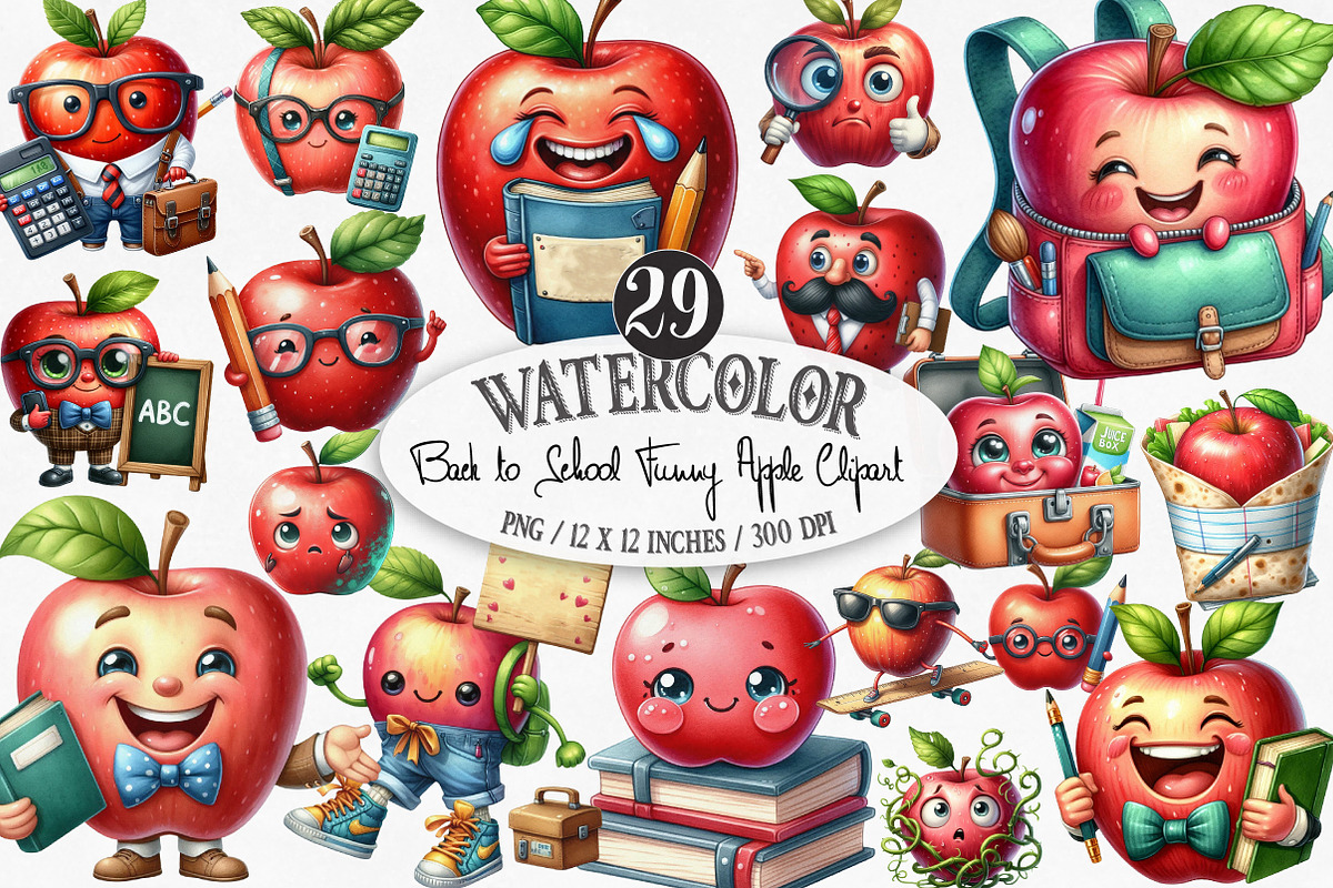 Back to School Funny Apple Clipart, an Illustration by Designking (Photo 1 of 4)