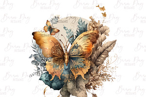 Golden Flowers And Butterfly Clipart