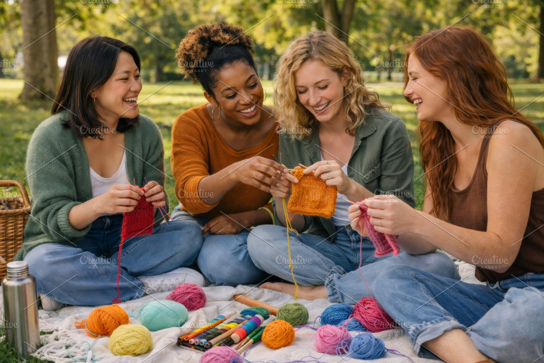 Four women knitting together outdoor, a Photo by Dvoevnore photos