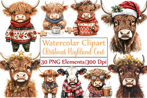 Cute Christmas Highland Cow Clipart, an Illustration by DreamCafeArt