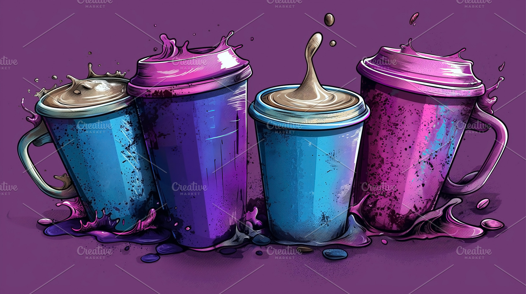 Colorful splashes of purple and blue with artistic drink cups create a vibrant, a Background Photo by ImageMir