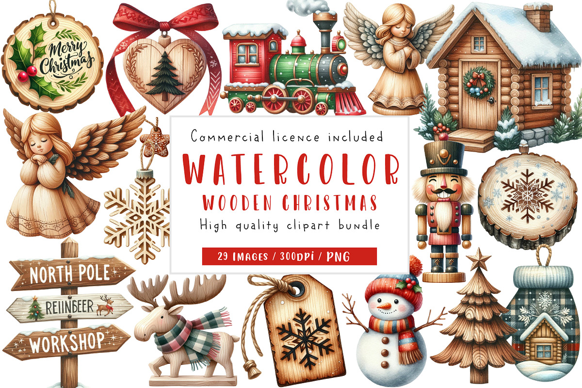 Wooden Christmas Clipart, an Illustration by CreationArt (Photo 1 of 5)