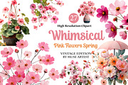 Whimsical Pink Flowers Spring Clipar, an Illustration by DreamArtGraphic (Thumbnail 1 of 4)