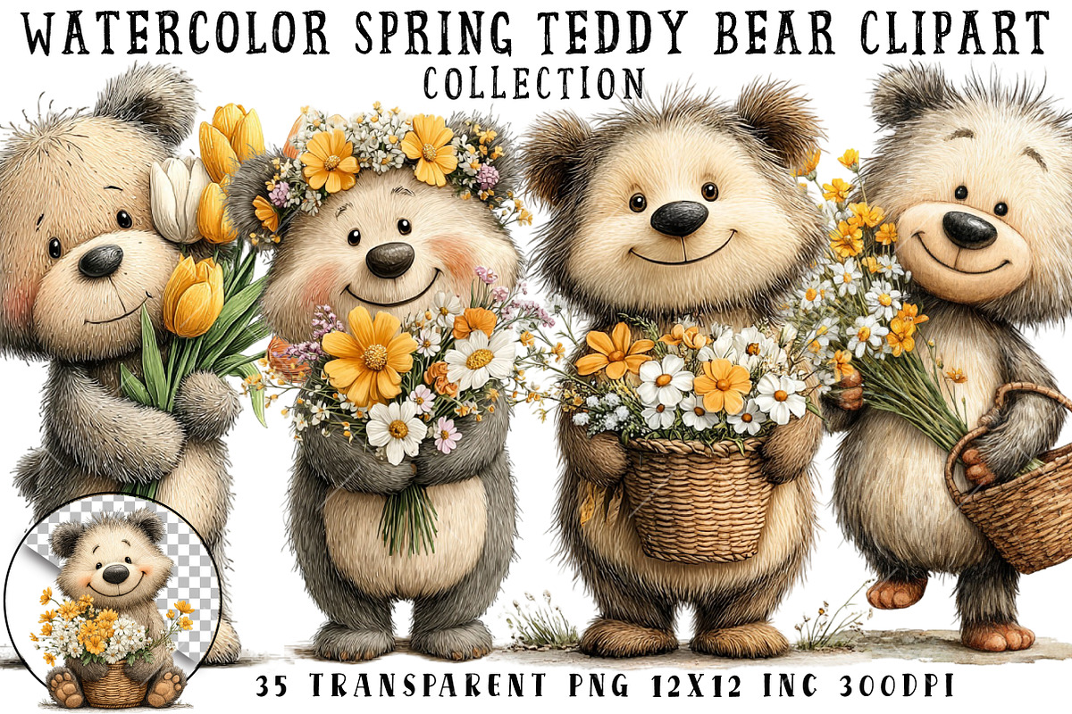 Watercolor Spring Teddy Bear Clipart, an Illustration by OK Design (Photo 1 of 6)