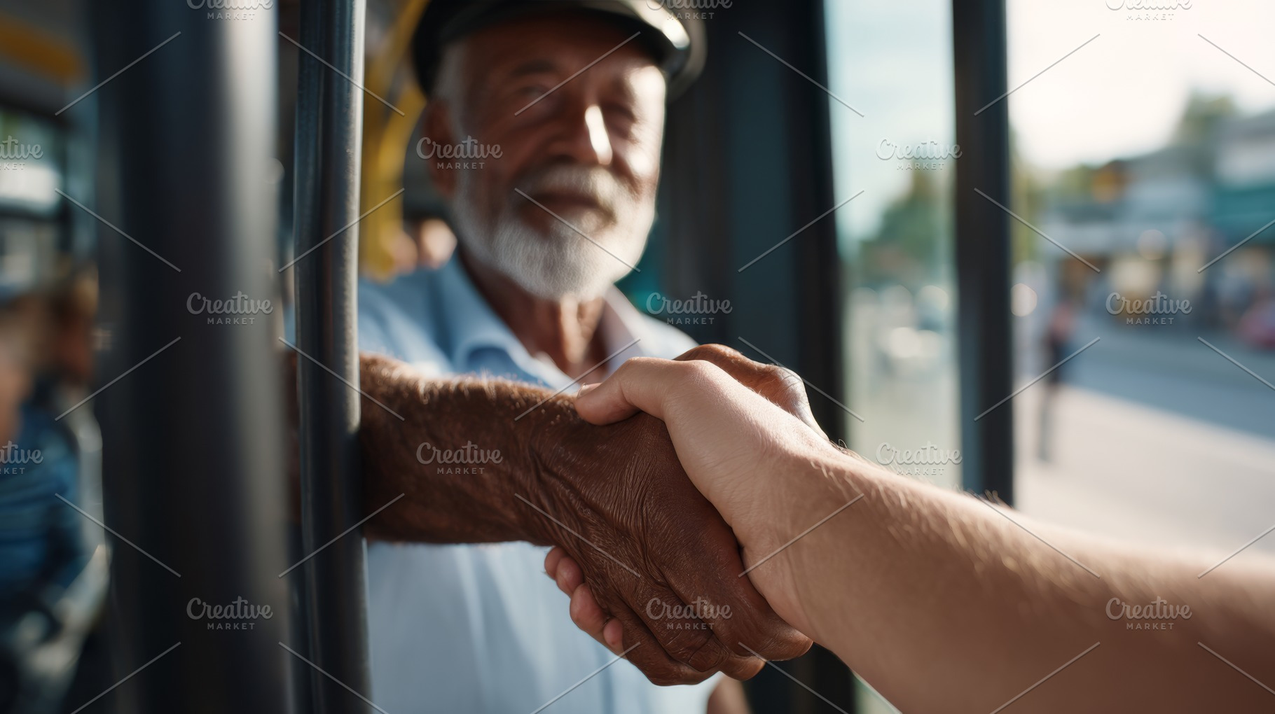 An elderly Black male bus driver shakes hands with a young White man, showcasin, a Business Photo by ImageMir