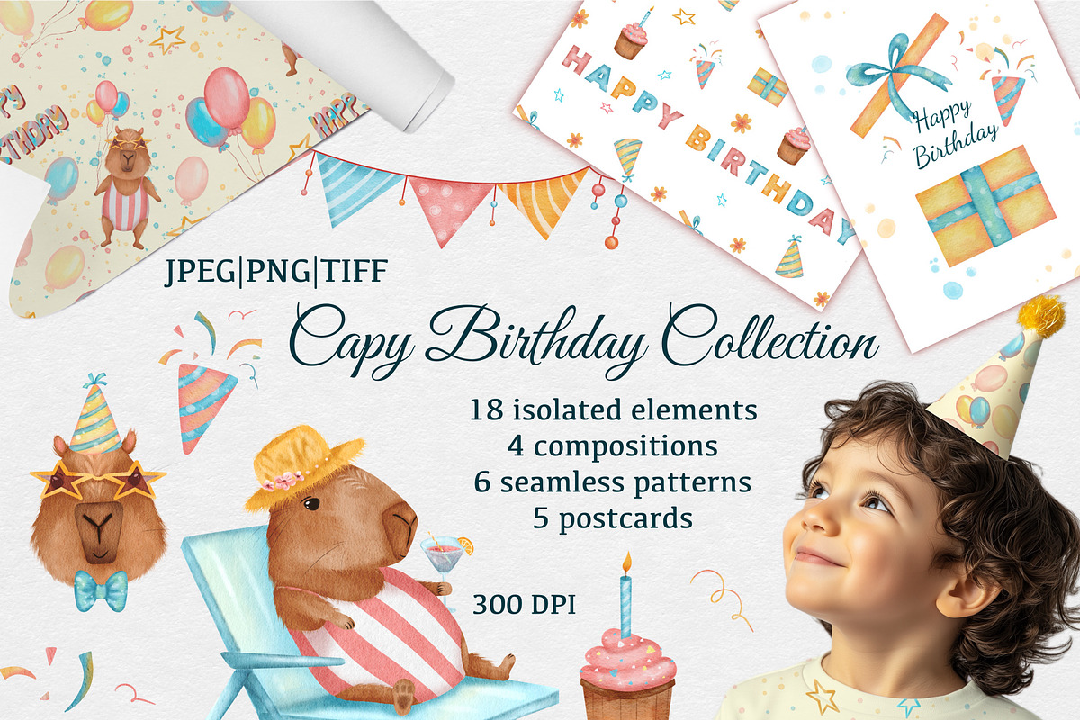 Capybara Birthday Clipart Set, an Animal Illustration by ZabolotnaArt (Photo 1 of 10)