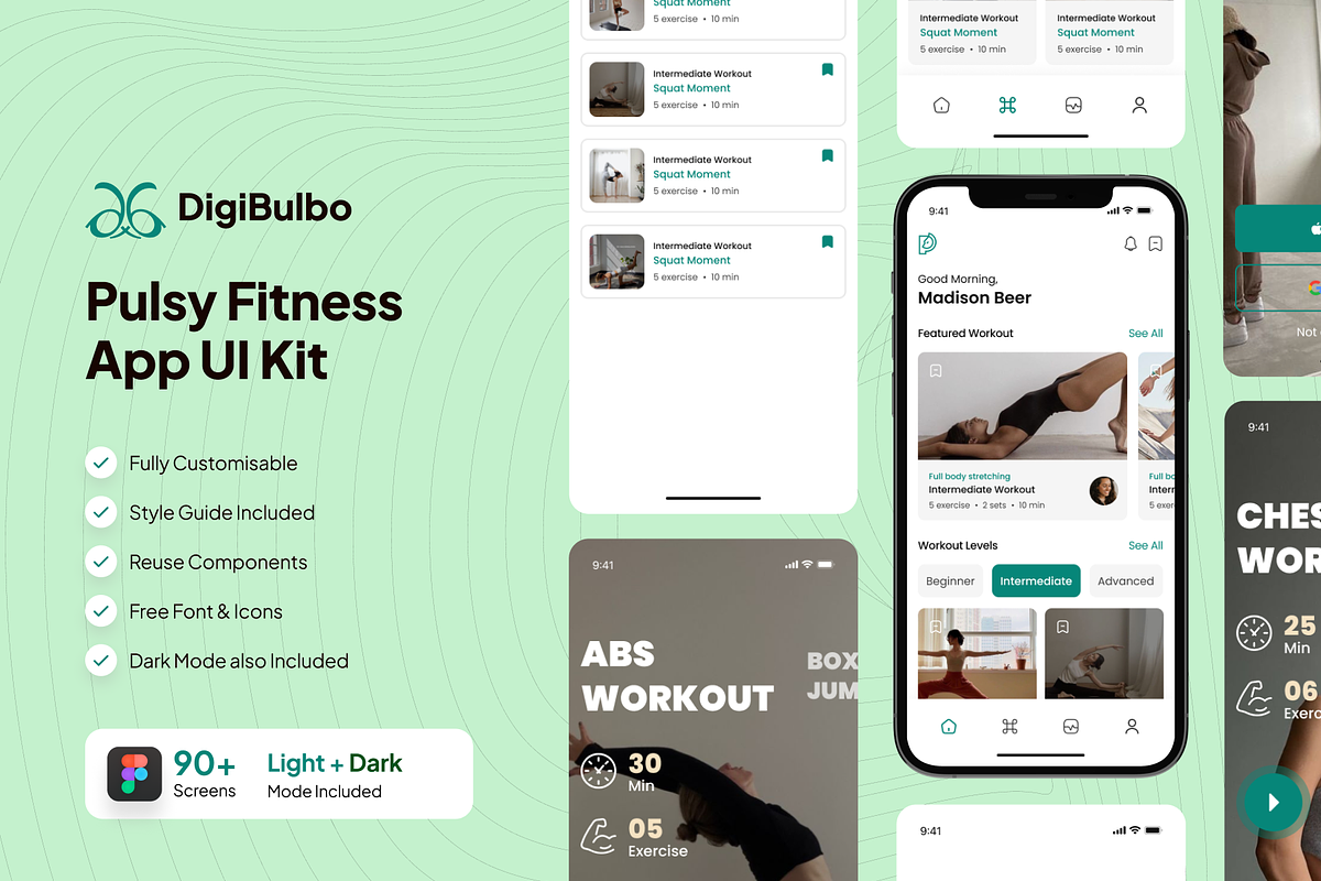 Pulsy - Fitness & Workout App UI Kit, an UI Kit Template by Digibulbo (Photo 1 of 8)