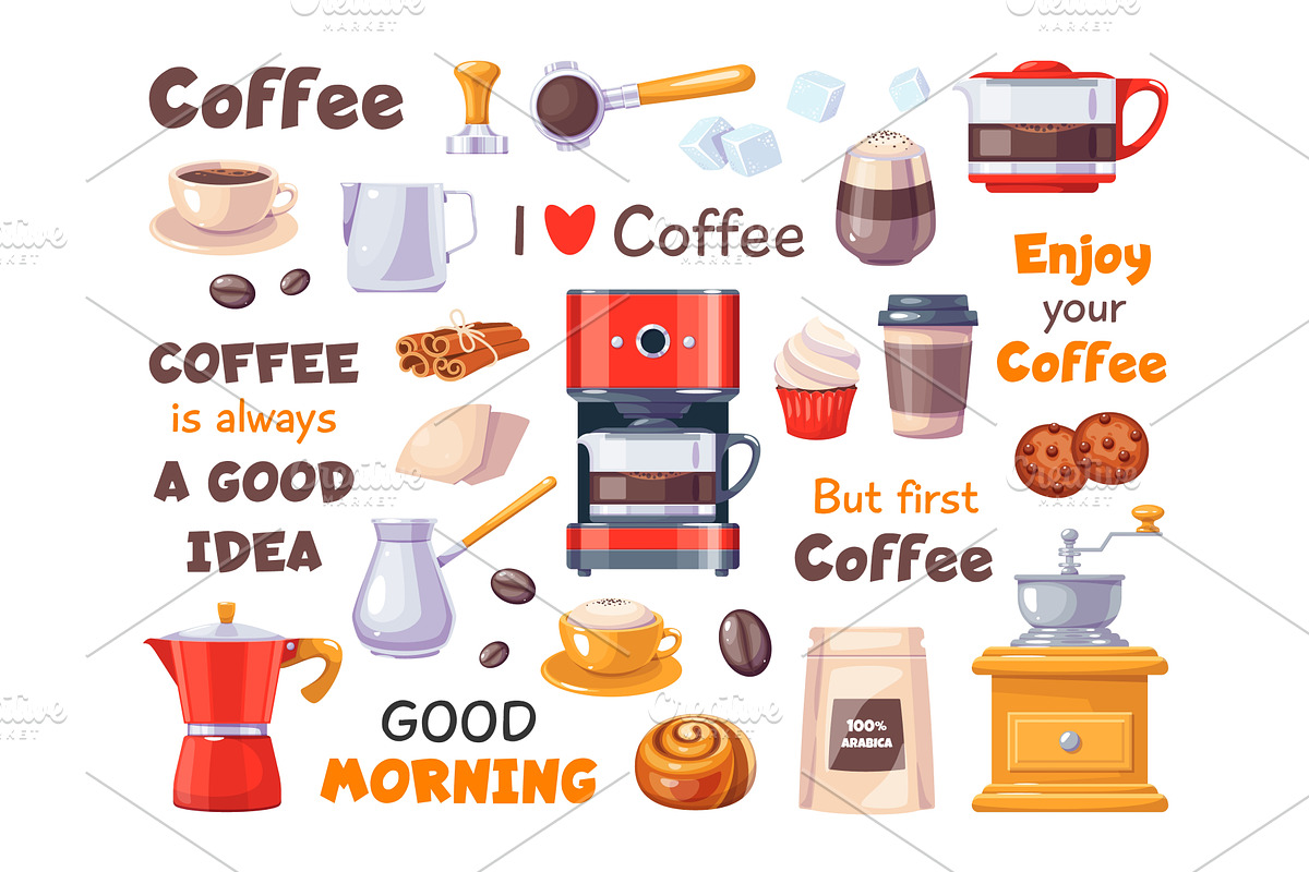 Coffee elements and funny quotes, a Food Illustration by YummyBuum