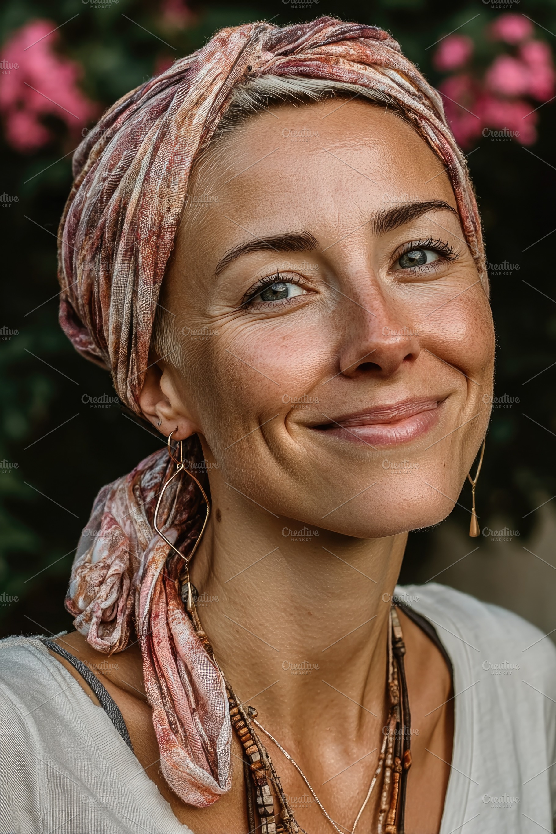 Smiling mature woman wearing patterned headscarf in garden, a Person Photo by José Manuel Gelpi
