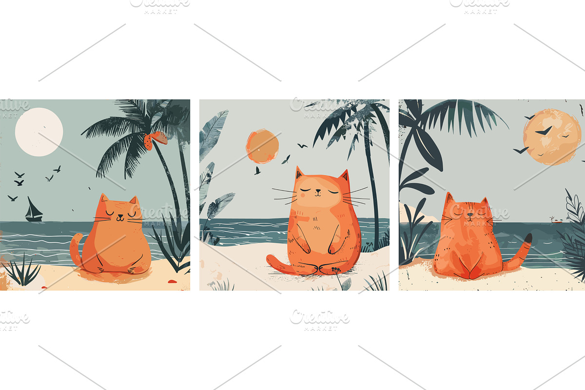 Cute kitten beach sunbathing doodle, an Animal Illustration by Valerie Bodnar