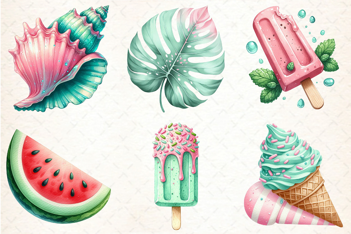 Pink & Mint Summer Clipart, an Illustration by DreamCafeArt (Photo 5 of 8)