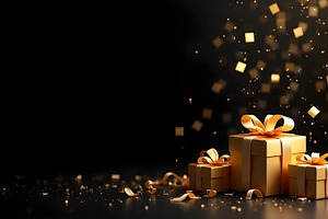 Gold Gift Boxes with Confetti on Bla, a Photo by LOGOCREATIVE