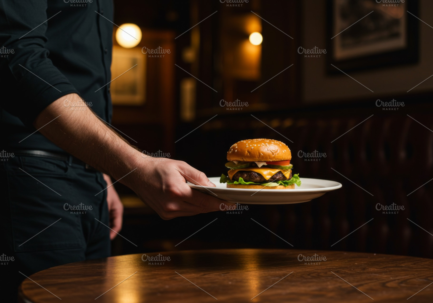 Waiter serving a cheeseburger on a w, a Food & Drink Photo by professorinc