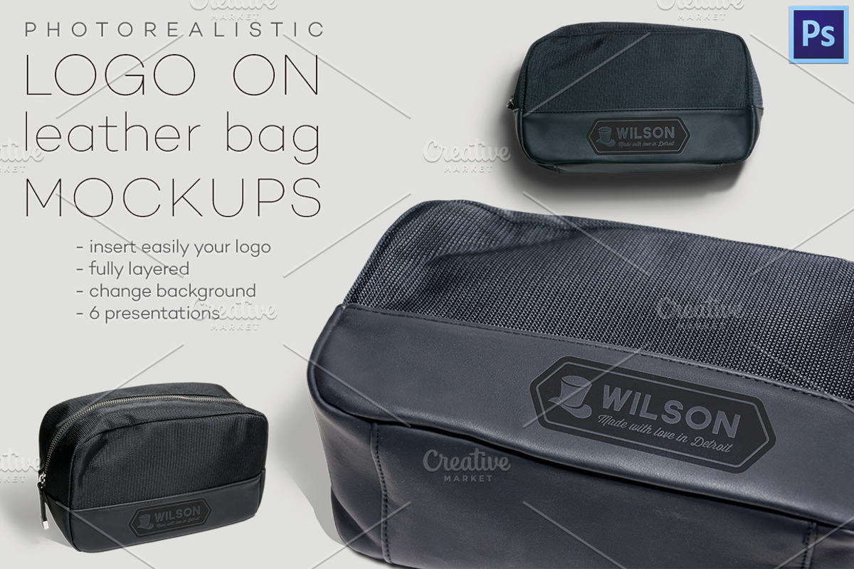 Logo on leather bag mockups, an Advertising Mockup by Illusiongraphic (Photo 1 of 7)
