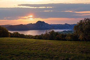 Peaceful autumn Alps mountain lake. Sunrise view to Traunsee lak, a Nature Photo by YuriyB