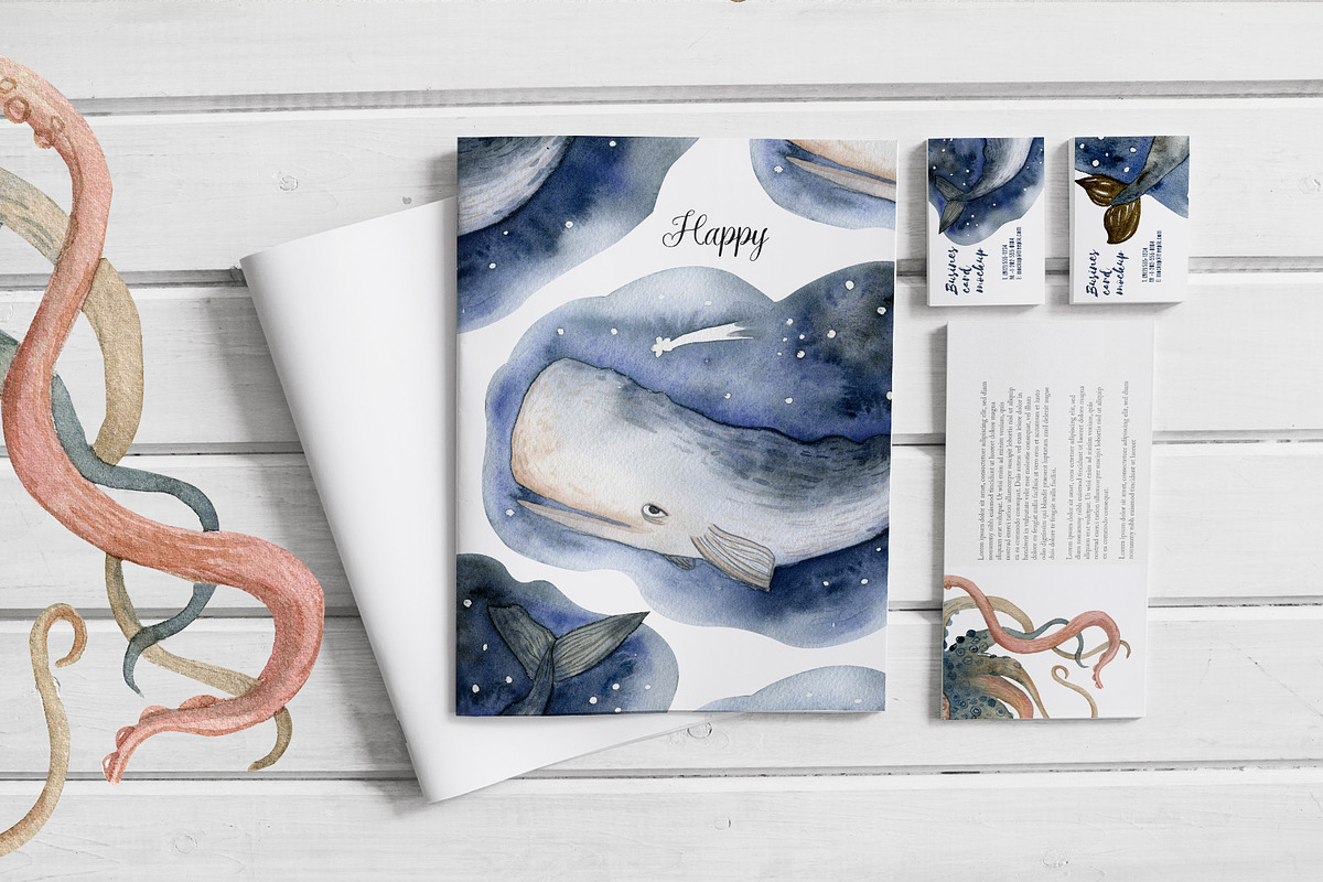 Watercolor Whales & Patterns, an Animal Illustration by annasokol_ (Photo 2 of 6)