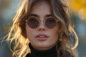 A young Caucasian woman with wavy hair wearing stylish sunglasses, exuding conf, a Person Photo by ImageMir