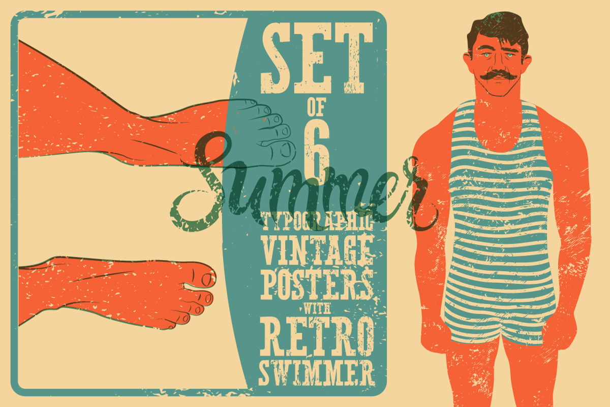 Vintage swimmer vector poster set., a Person Illustration by PoPaShop (Photo 1 of 7)