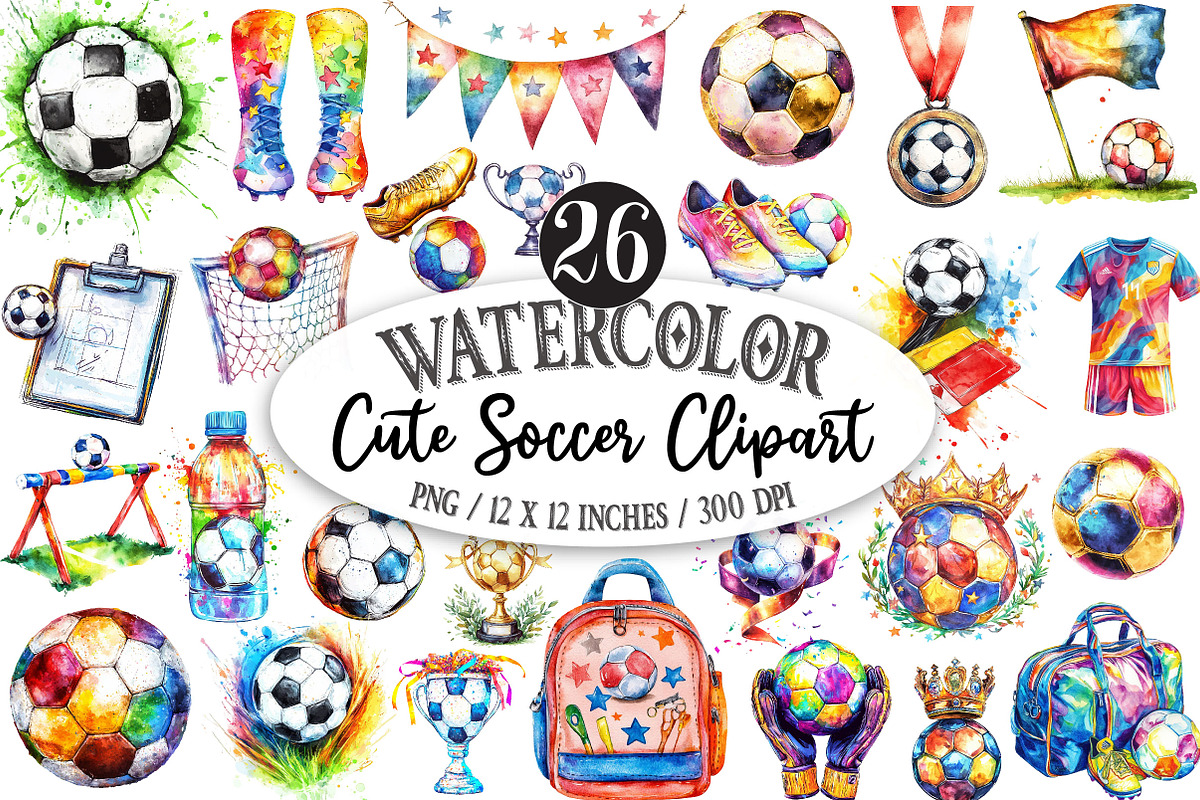 Watercolor Soccer Clipart, a Seasonal Illustration by Designking (Photo 1 of 5)