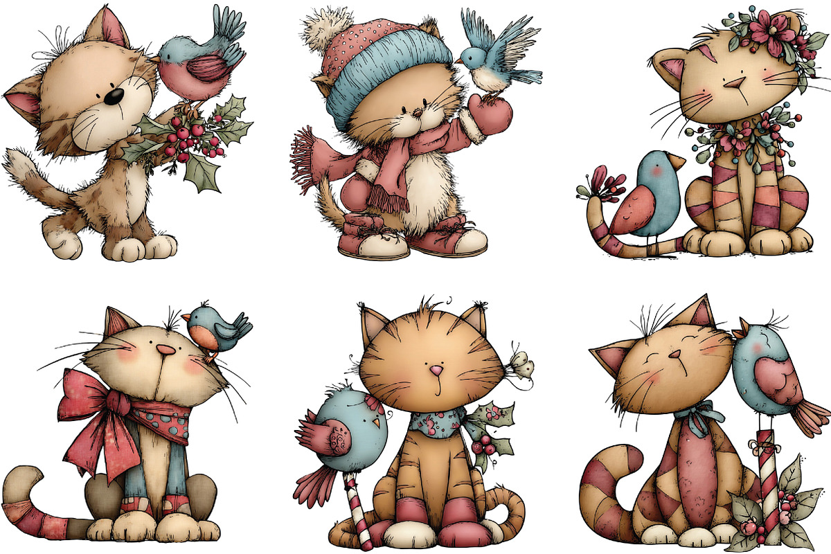 Christmas Cat And Bird Clipart, an Illustration by CraftArtStudio (Photo 3 of 6)