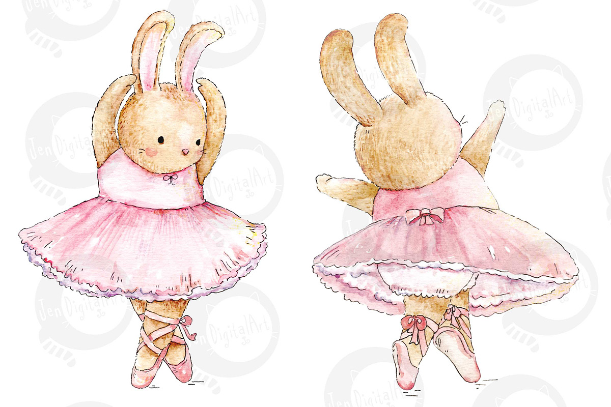 Watercolor Ballerina Bunnies, an Illustration by Jen Digital Art