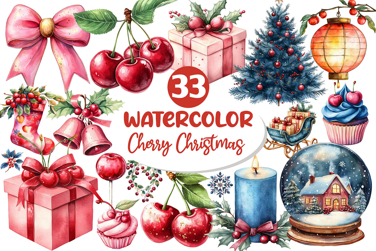 Midnight Cherry Christmas Clipart, an Illustration by Dream Creation (Photo 1 of 7)