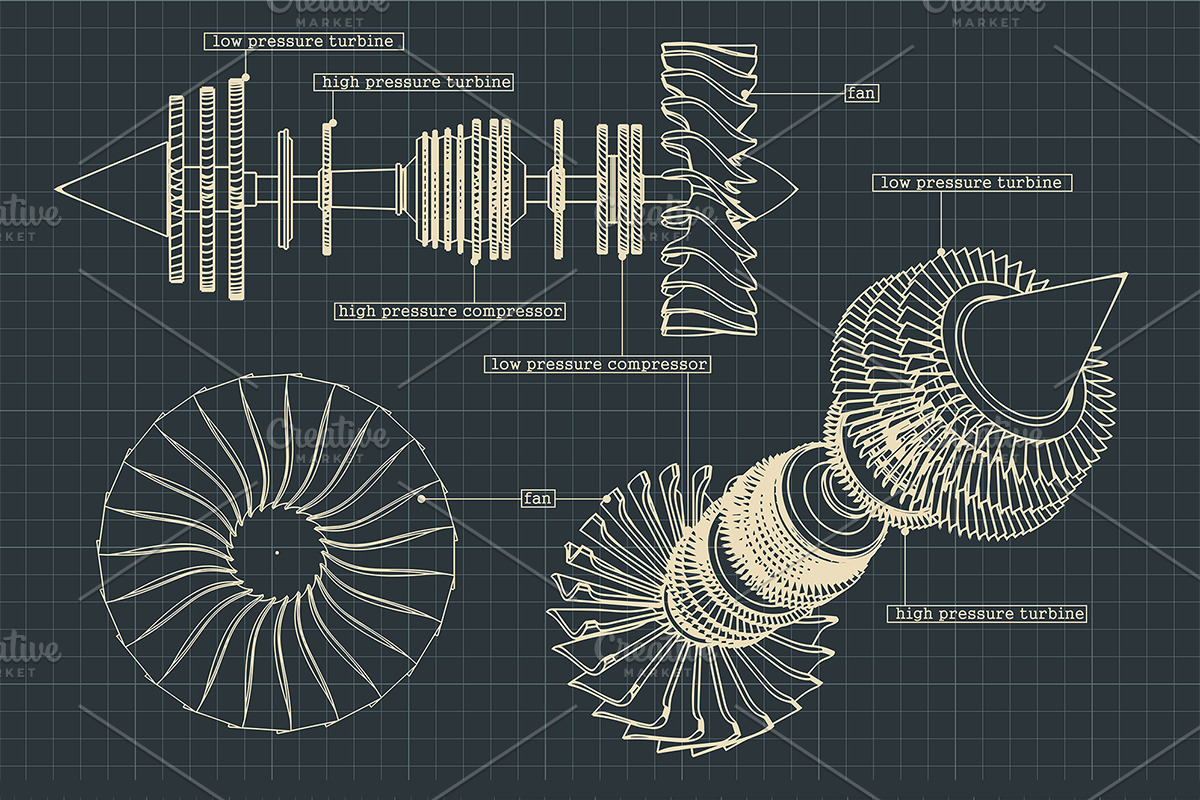 Jet engine compressor drawings Set, a Technology Illustration by Blacklight