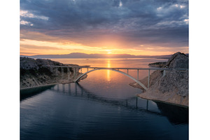 Aerial view of bridge and blue sea, an Architecture Photo by den-belitsky