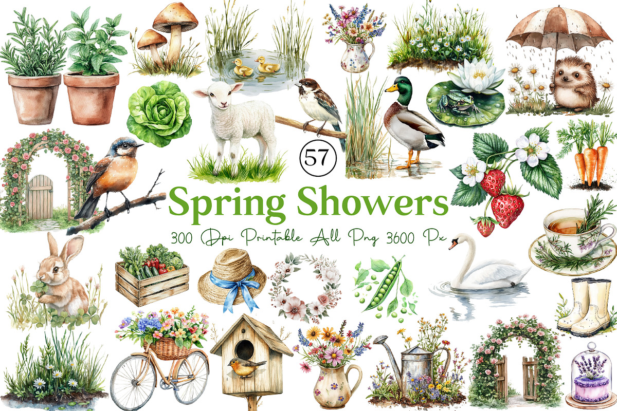 Spring Showers Watercolor Clipart, an Illustration by DreamCafeArt (Photo 1 of 8)
