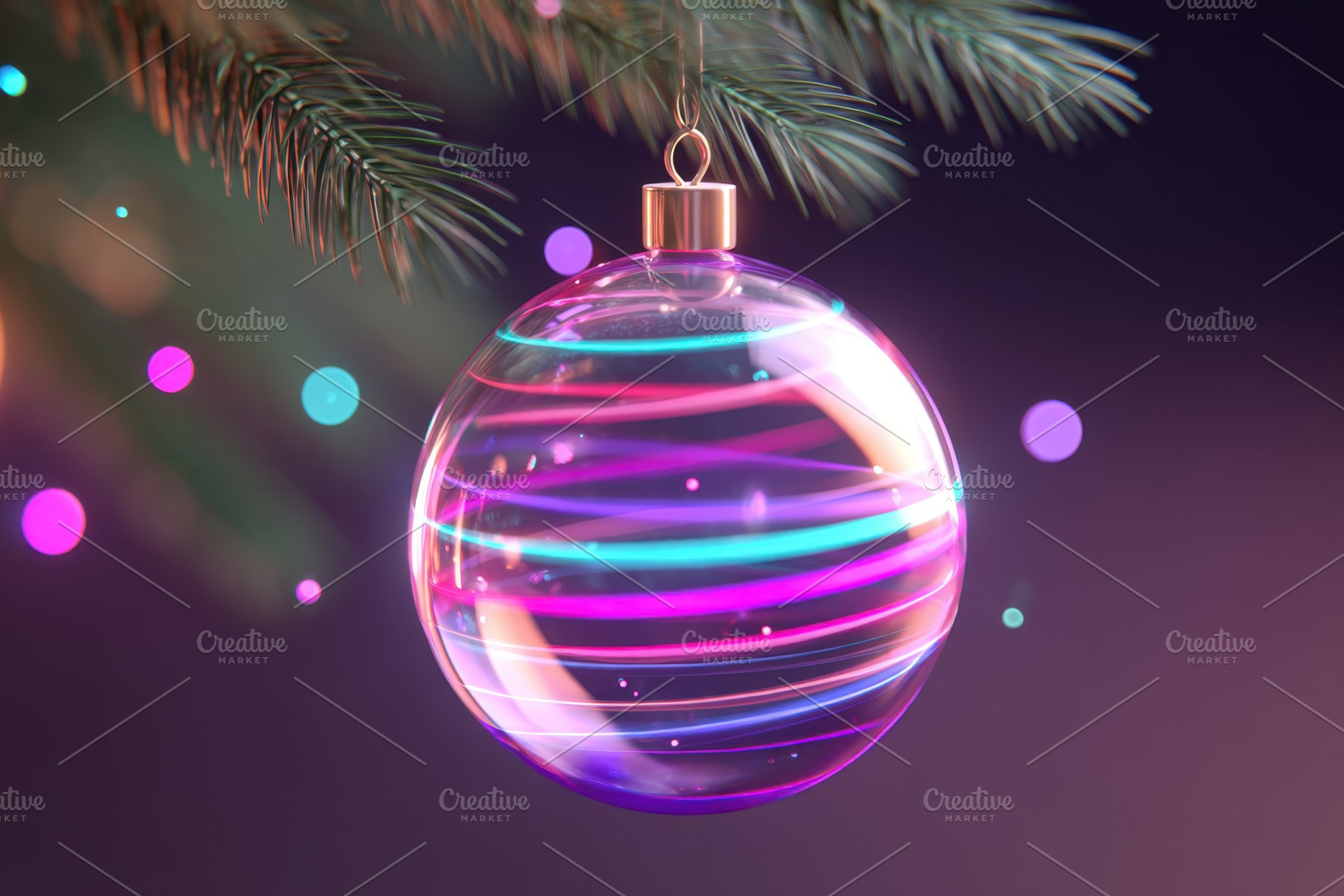 Colorful glass Christmas ornament on pine branch, a Holiday Photo by AlyaAnd