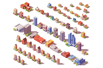 Vector low poly isometric buildings set, a Work Illustration by tele52