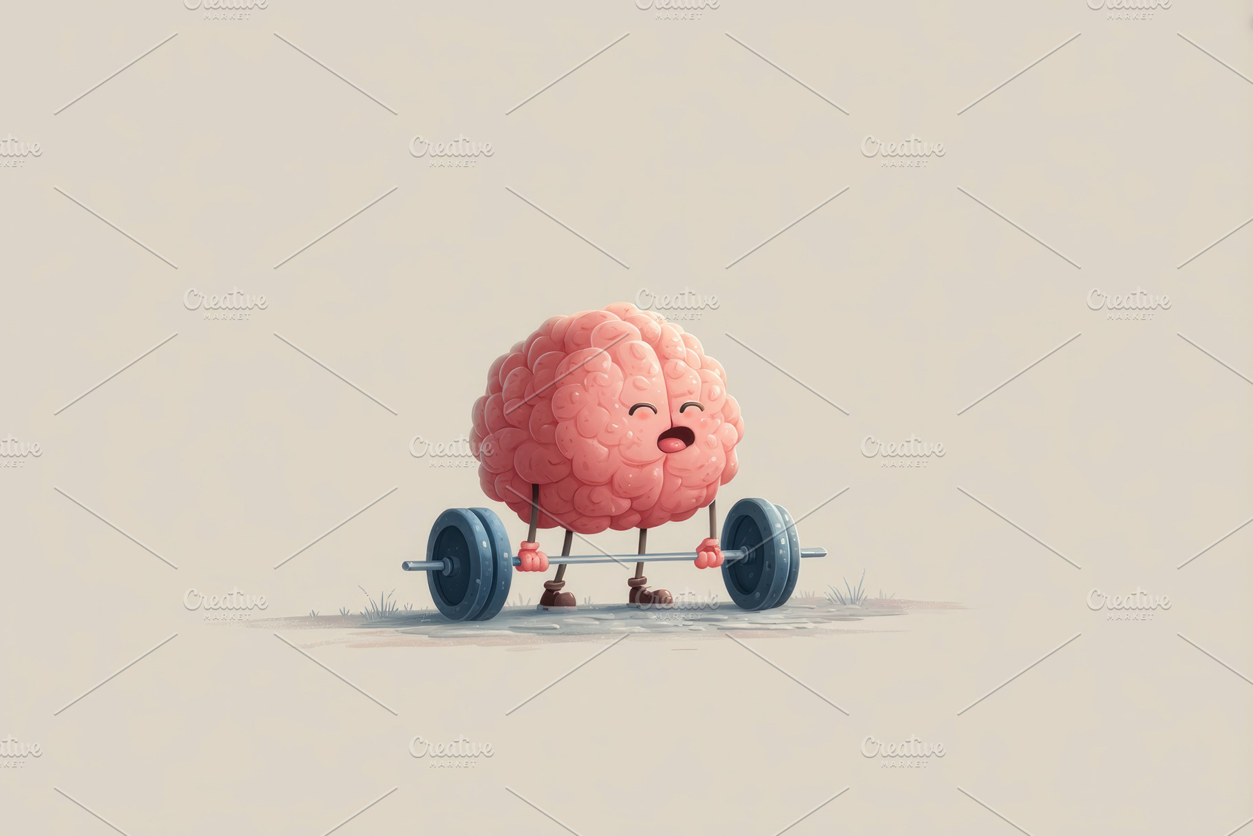 Cute smiling brain character lifting barbell representing mental, a Sports & Recreation Photo by José Manuel Gelpi