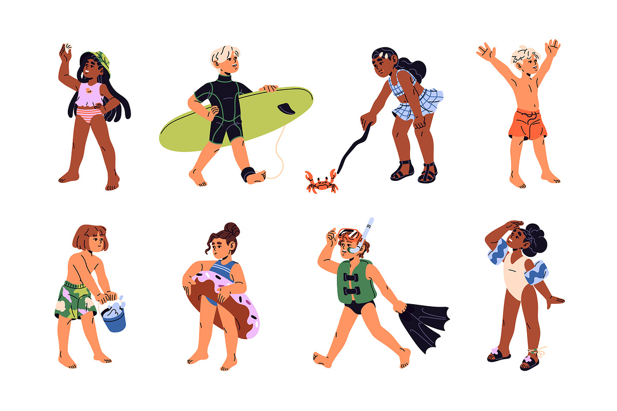 Happy kids in swimsuits, summer set, a Person Illustration by PaperTrident (Photo 1 of 5)