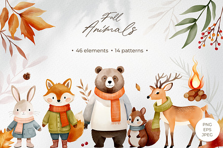 Watercolor animals. Autumn woodland