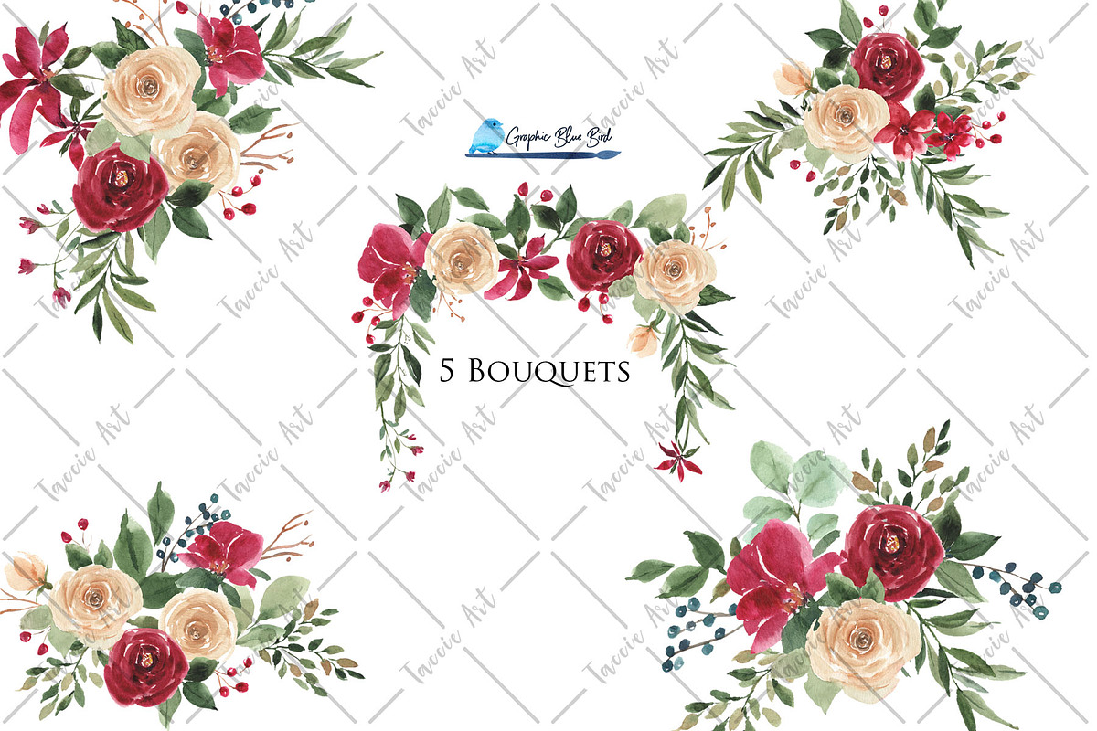 Watercolor Flowers  Burgundy & Cream, an Illustration by Graphic Blue Bird (Photo 2 of 6)