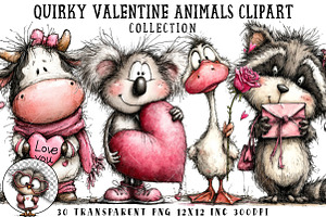 Quirky Valentine Animals Clipart, an Illustration by OK Design