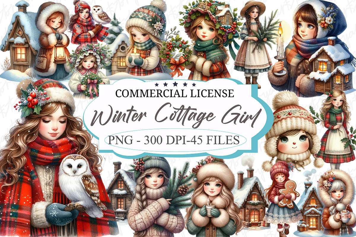 Winter Cottage Girl Watercolor Clipa, an Illustration by designcity5 (Photo 1 of 5)
