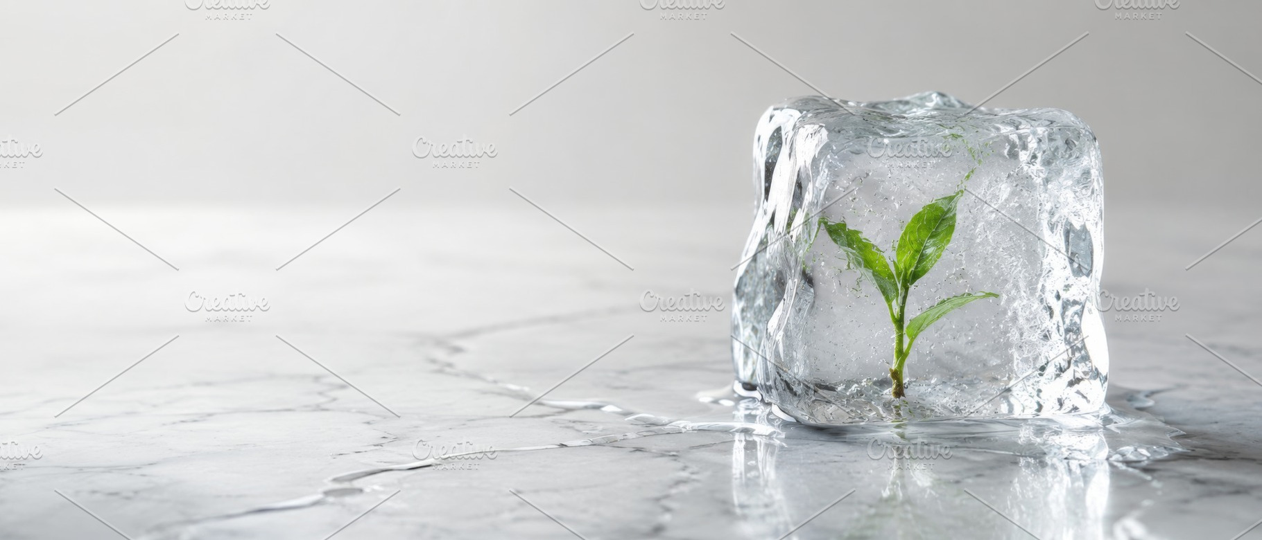 Ice cube encasing green plant symbol, a Photo by Dvoevnore photos