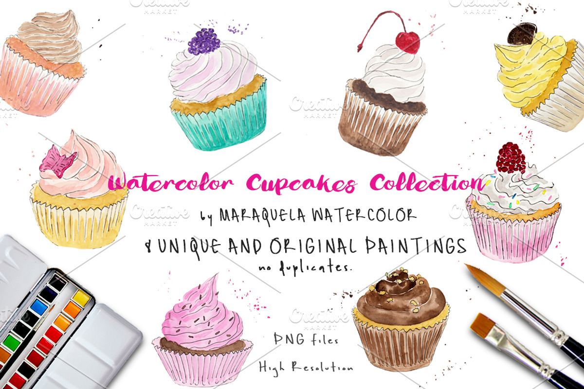 Watercolor Cupcakes Clip Art Pack, a Food Illustration by MaraquelaStudio (Photo 1 of 3)