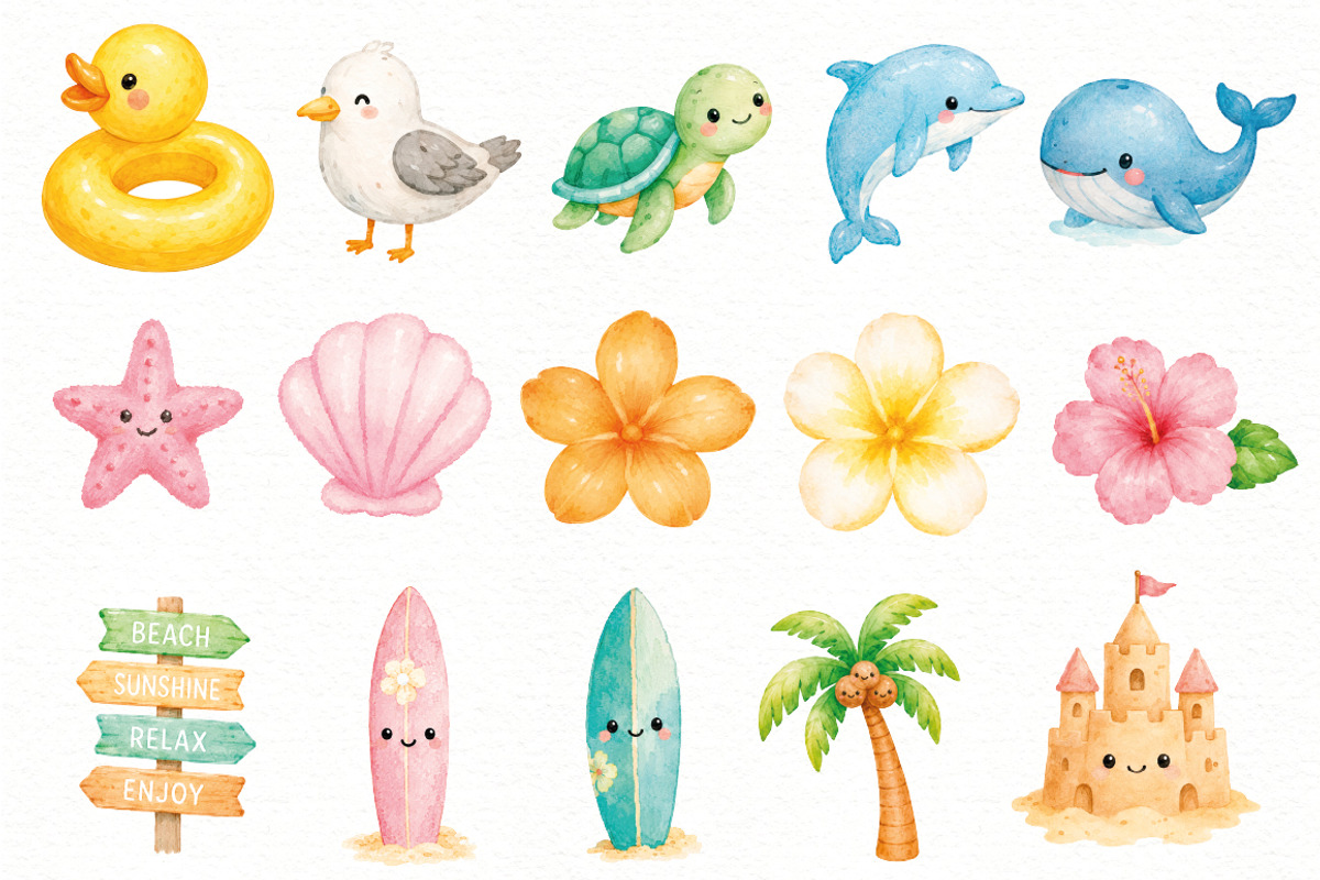 Watercolor Summer Clipart PNG, a Seasonal Illustration by Villa 11 Estudio (Photo 2 of 5)
