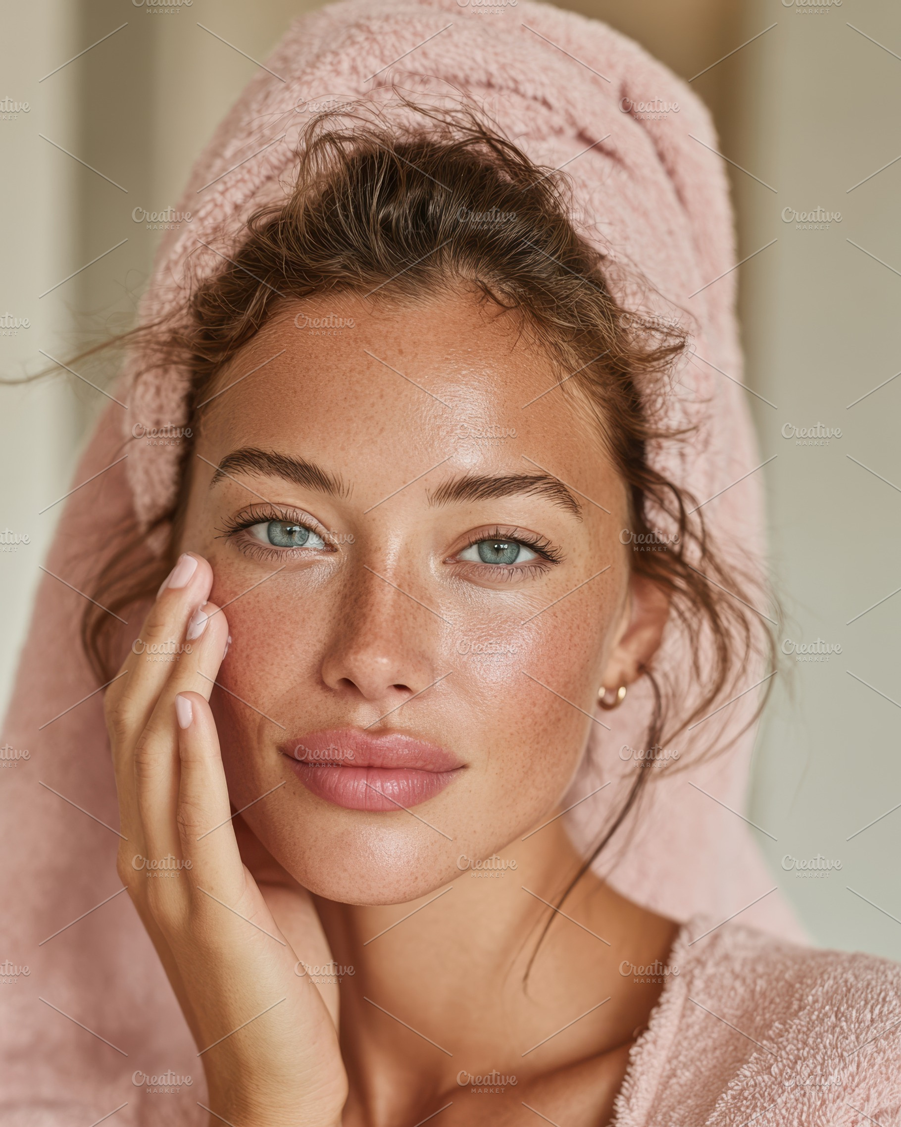 Woman Applying Skincare Product with Towel on Head, a Person Photo by AlyaAnd
