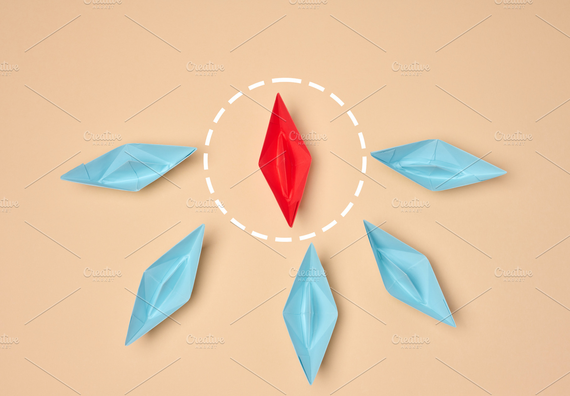 Leadership and individuality concept. One red origami boat surro, an Abstract Photo by ndanko