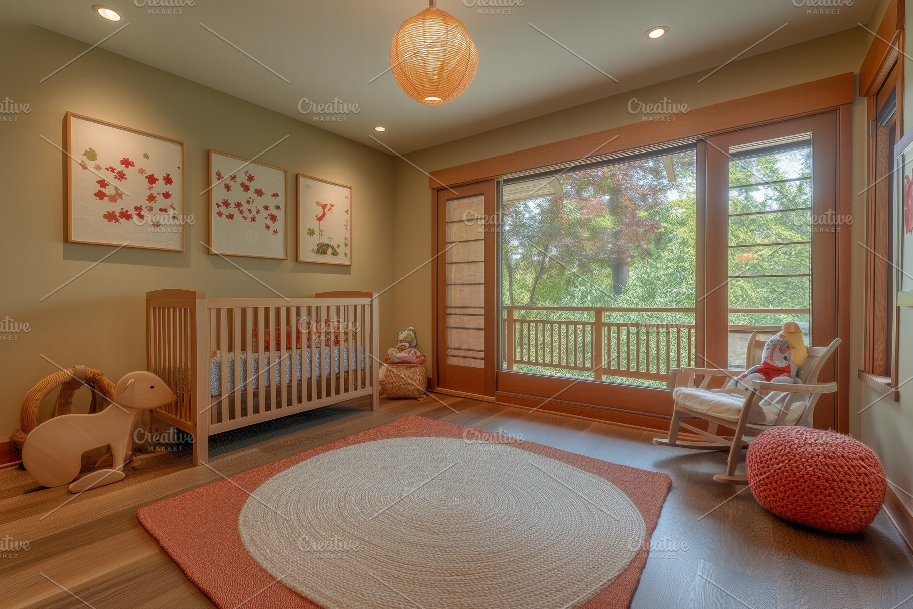 A cozy Asian Zen interior design style nursery featuring a wooden