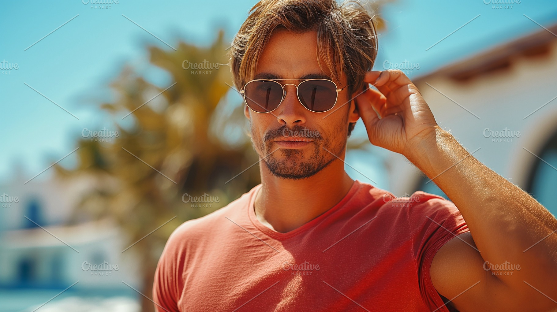 A handsome Caucasian man in sunglasses, enjoying a sunny day outdoors with palm, a Person Photo by ImageMir