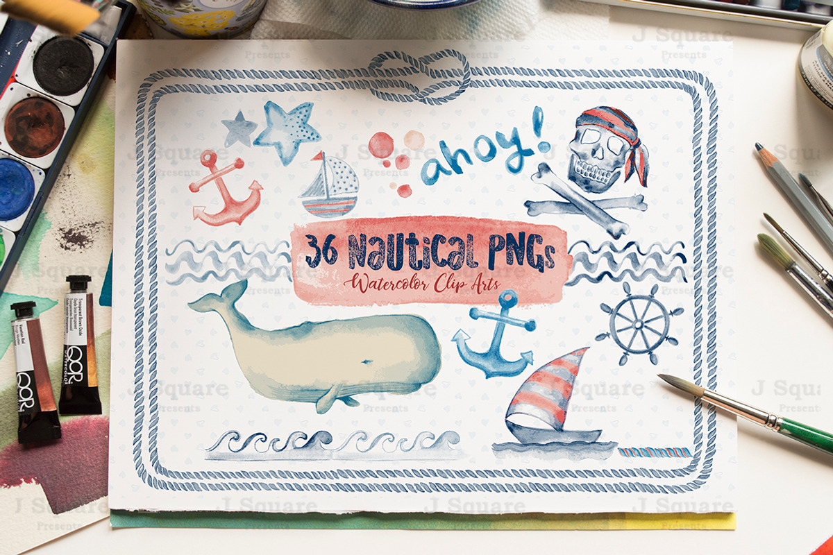 Watercolor Nautical Clip Arts, an Illustration by JSquarePresents (Photo 1 of 7)