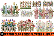 Watercolor Fence Flowers Clipart, an Illustration by GatewayDesign (Thumbnail 1 of 3)