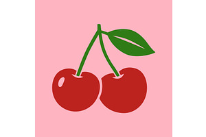Two cherries with green leaf on pink, a Food Illustration by GraphiShop