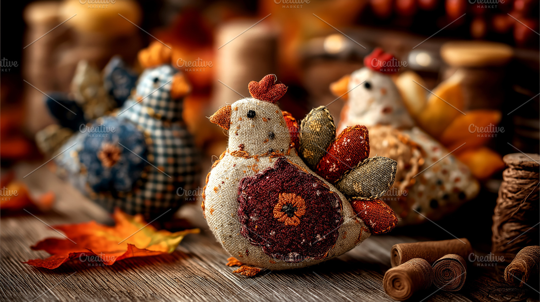 Rustic Autumn Decor: Handmade Fabric Chickens for Cozy Fall Ambiance, a Holiday Photo by Ocean Digital Art